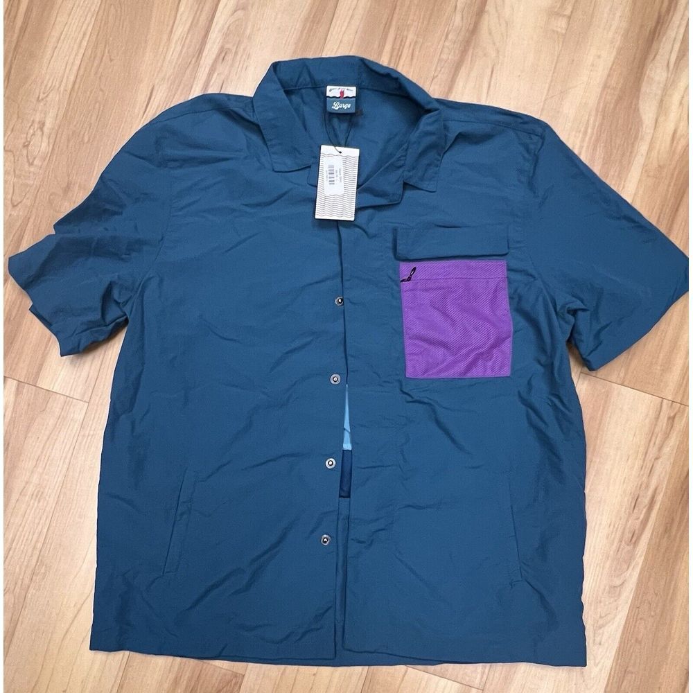 NEW P's And Q's Can't Swim Club Wave Shirt Button Up Teal Purple MSRP $90